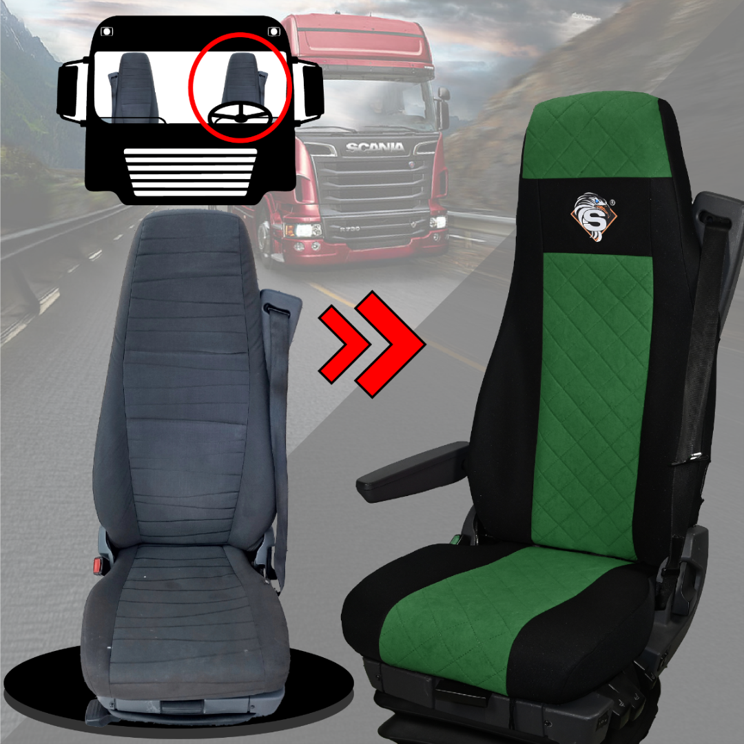Pokrowce na fotele SCANIA seria R od 2004, 1+1, fotele lotnicze 2 pasy, fotel kierowcy i pasażera BASIC - KONFIGURACJA C - ZIELONY SABA