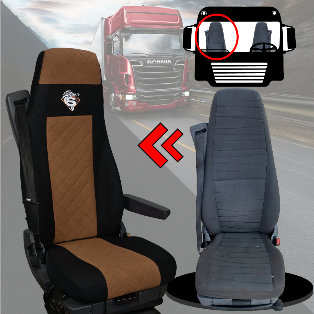 Pokrowce na fotele SCANIA seria R od 2004, 1+1, fotele lotnicze 2 pasy, fotel kierowcy i pasażera BASIC - KONFIGURACJA C - BRĄZ SABA