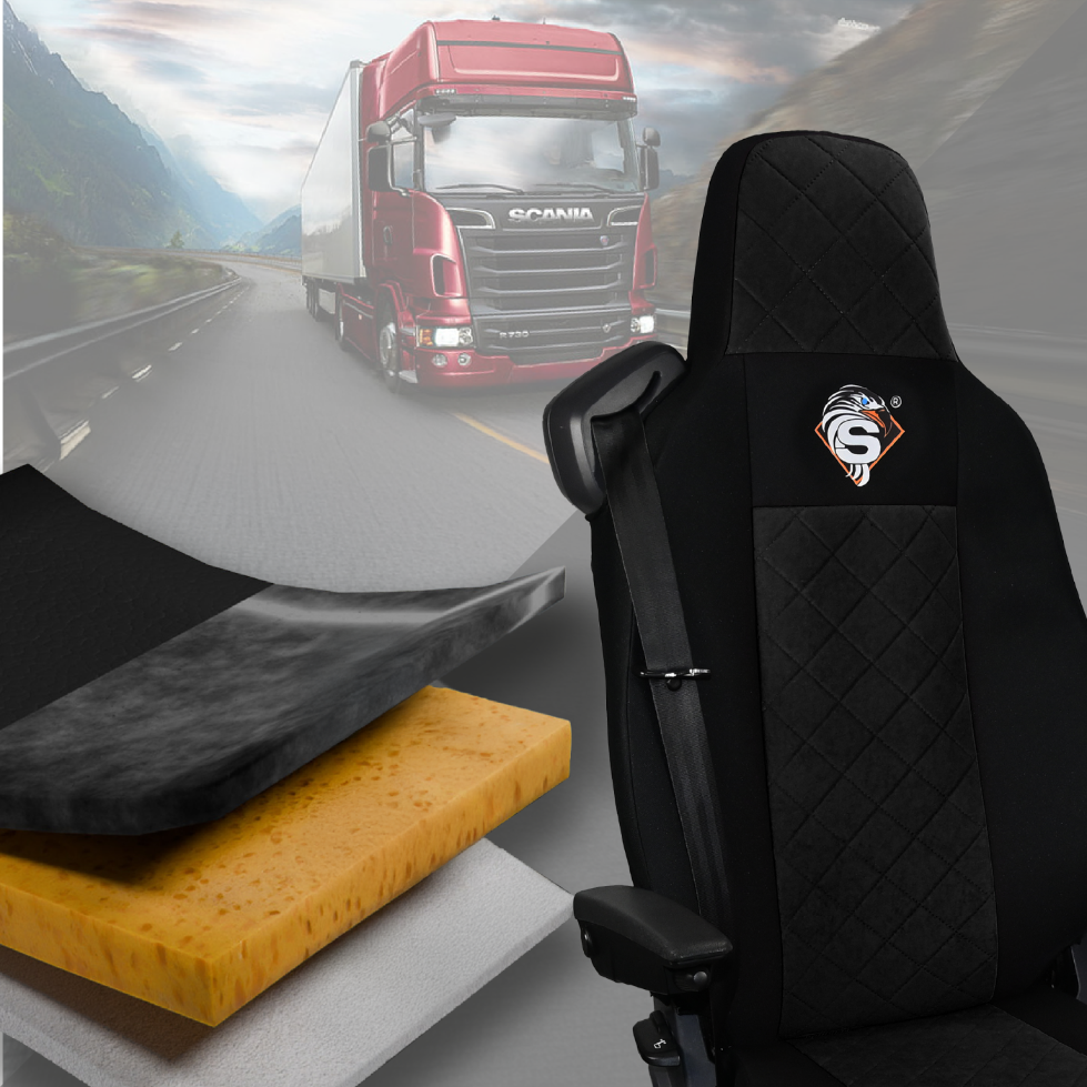 Pokrowce na fotele SCANIA seria R od 2013, seria S od 2017, fotele lotnicze 2 pasy, fotel kierowcy i pasażera PREMIUM - KONFIGURACJA D - CZARNY SABA