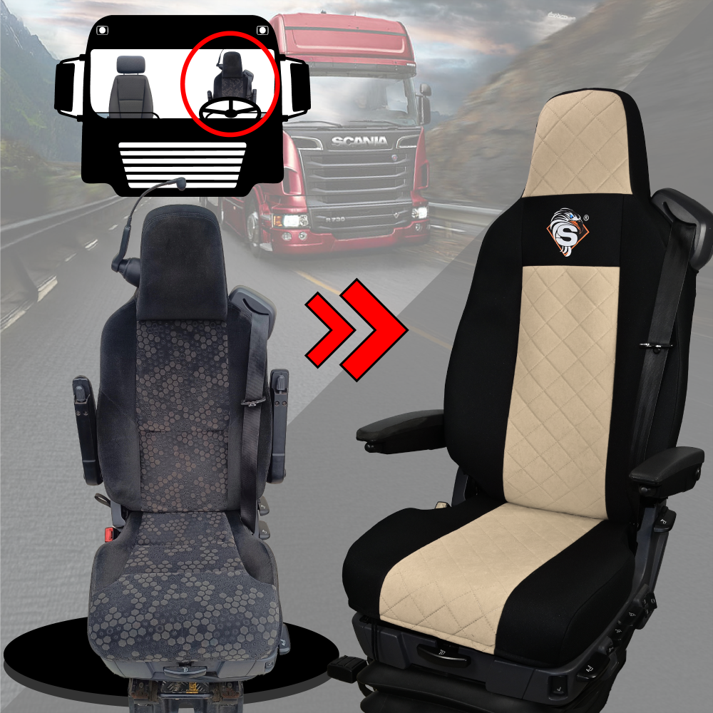 Pokrowce na fotele SCANIA seria R od 2013, seria S od 2017, fotele różne 1pas, fotel kierowcy PREMIUM - KONFIGURACJA B - BEŻ SABA