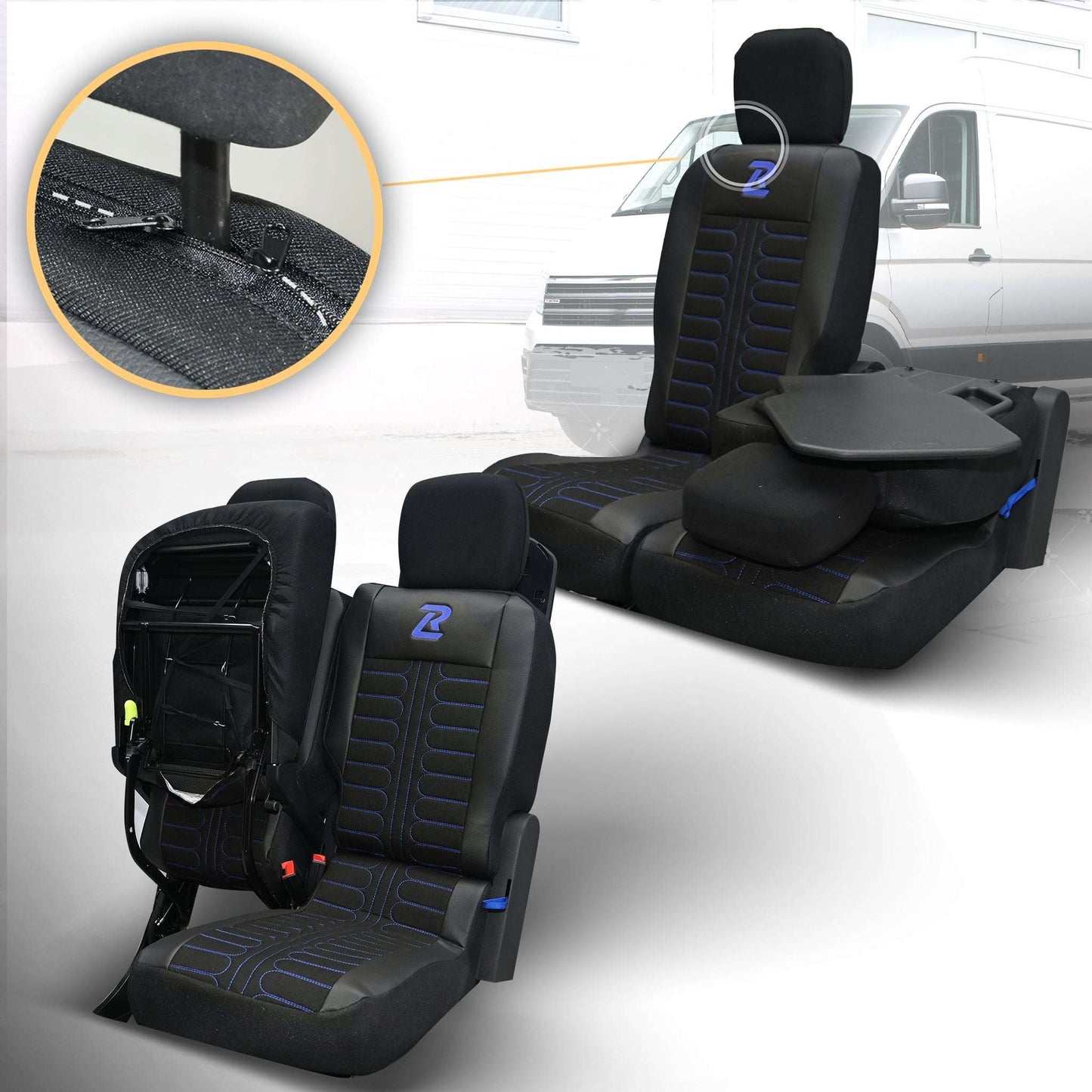 Pokrowce na fotele samochodowe TORNADO Citroen Berlingo 3, Fiat Doblo 3, Peugeot Partner 3, Opel Combo E, Toyota Proace City 1+2 Czarno - Niebieski 