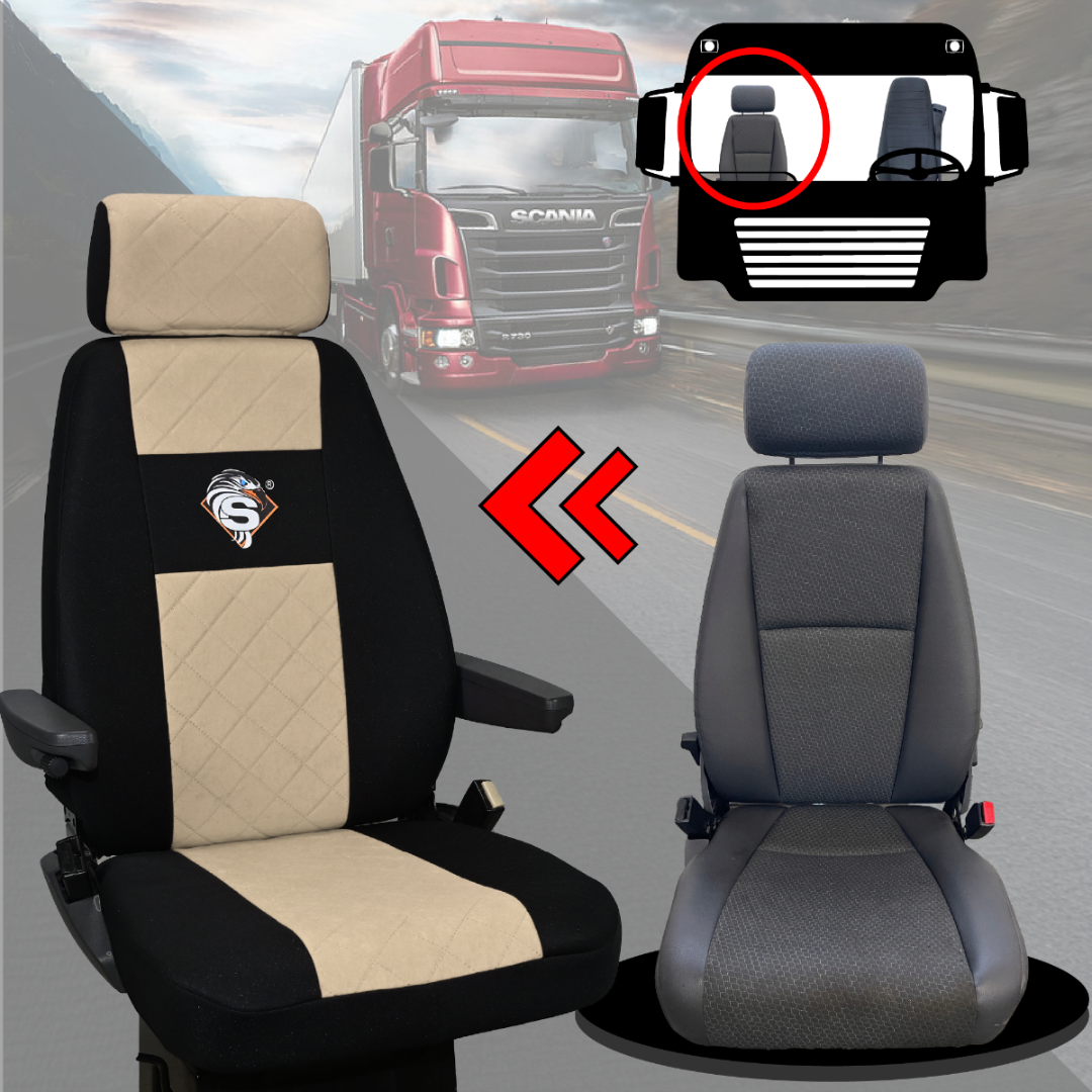Pokrowce na fotele SCANIA seria R od 2004, 1+1, fotele różne 1 pas, fotel kierowcy BASIC - KONFIGURACJA A - BEŻ SABA
