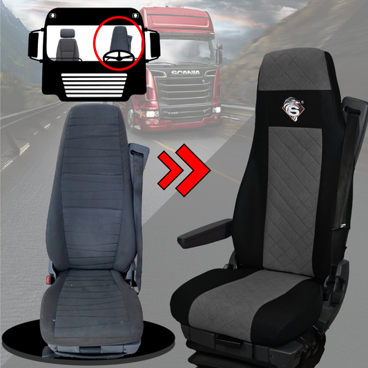 Pokrowce na fotele SCANIA seria R od 2004, 1+1, fotele różne 1 pas, fotel kierowcy BASIC - KONFIGURACJA A - SZARY SABA