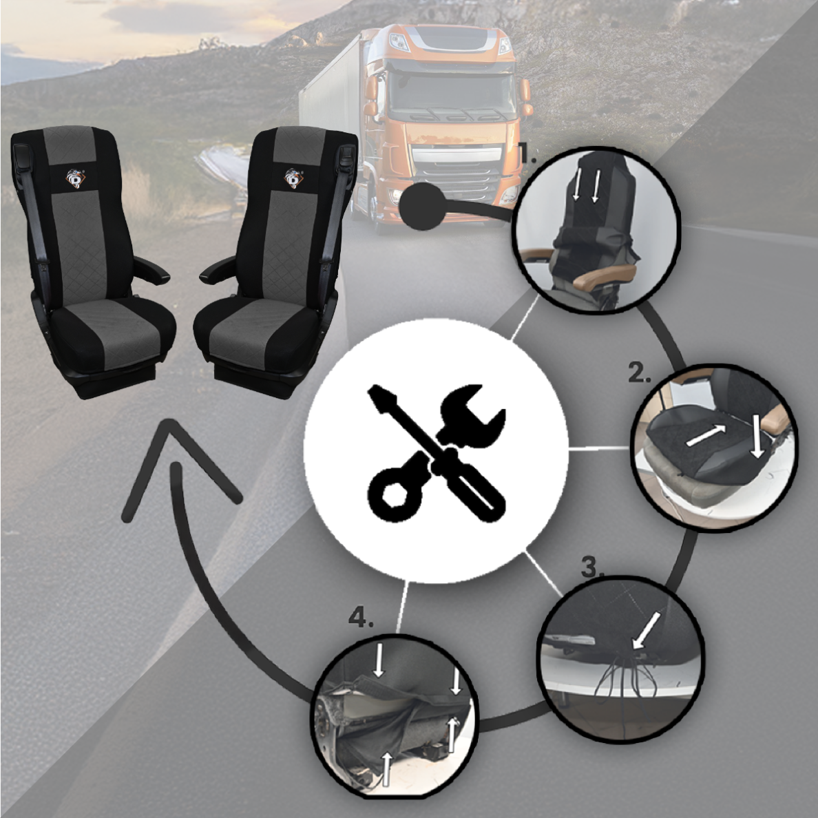 Pokrowce na fotele DAF 105 XF od 2012, 106 XF od 2013, XG, XG+ od 2022 2 pasy SZARE SABA