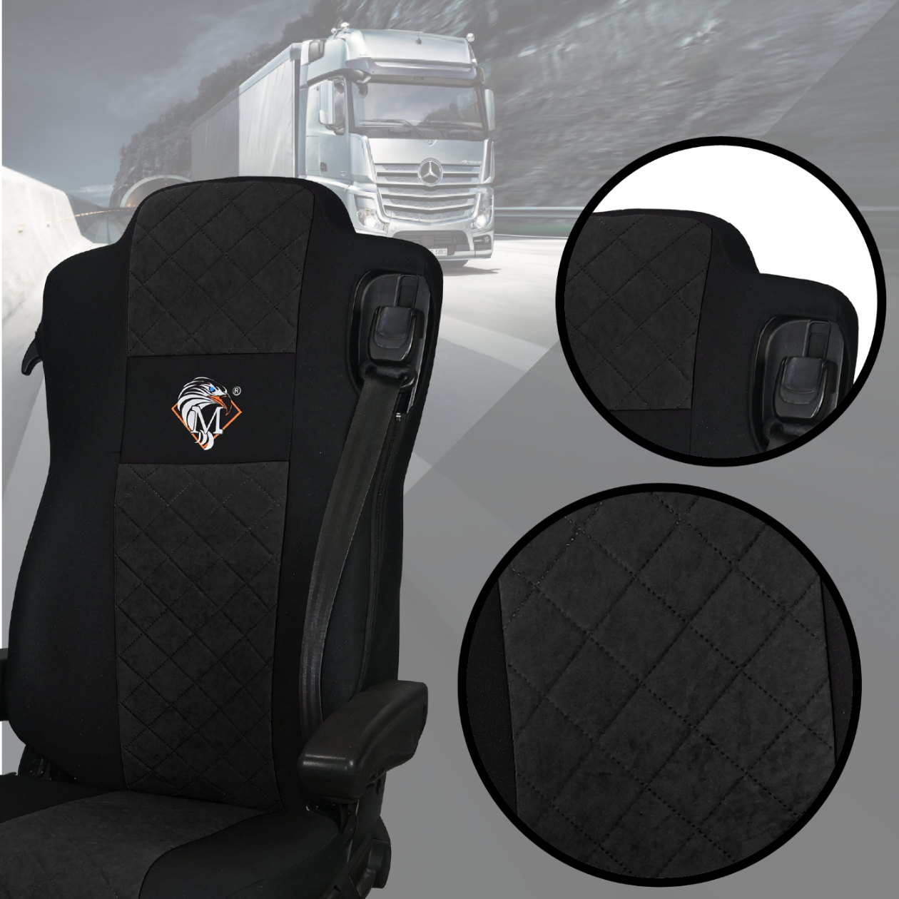 Pokrowce na fotele MERCEDES ACTROS MP4, AROX od 2011, MP5 od 2019 pasażer nieamortyzowany CZARNY SABA