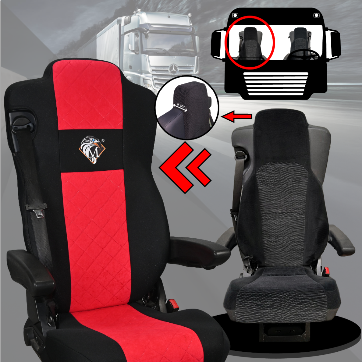 Pokrowce na fotele MERCEDES ACTROS MP4, AROX od 2011, MP5 od 2019 pasażer nieamortyzowany CZERWONY SABA