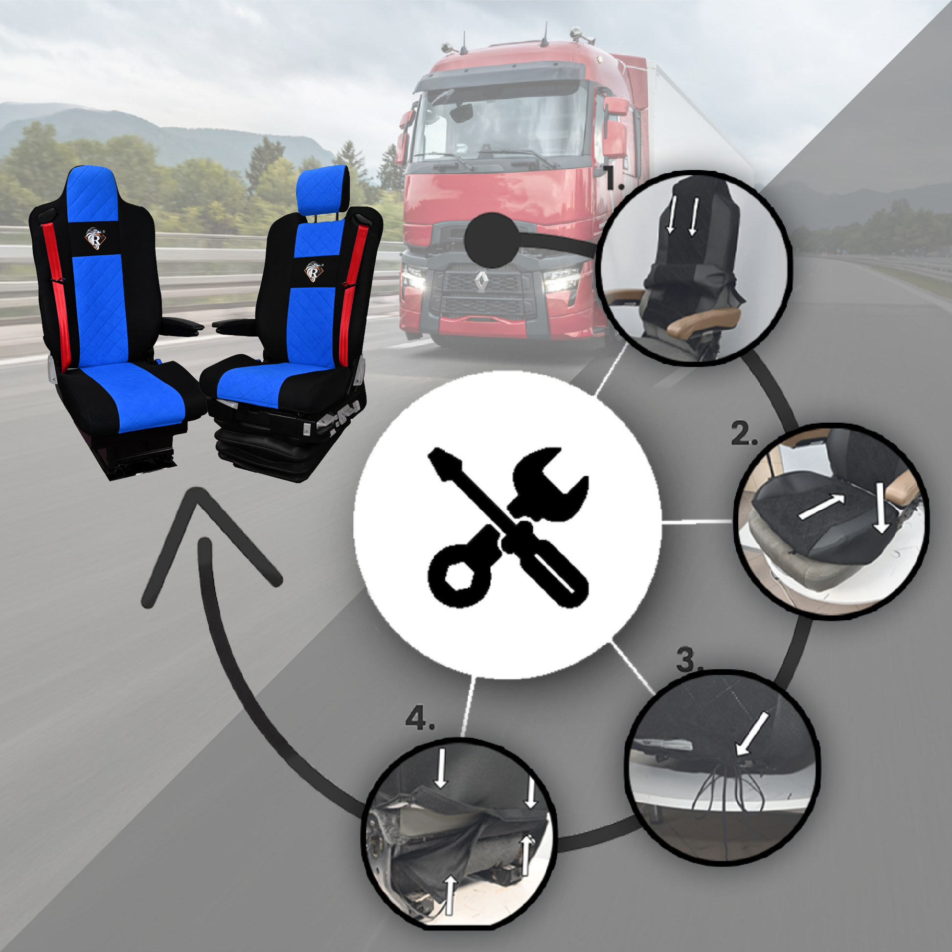 Pokrowce na fotele Renault Gama T od 2014 kierowca z zagłówkiem, pasażer lotniczy 2 pasy  NIEBIESKI SABA