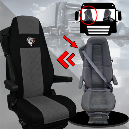 Pokrowce na fotele VOLVO FH4, FH, FH16, FMX, FM od 2013, FH5 od 2021, AERO od 2024 - 2 pasy SZARE SABA
