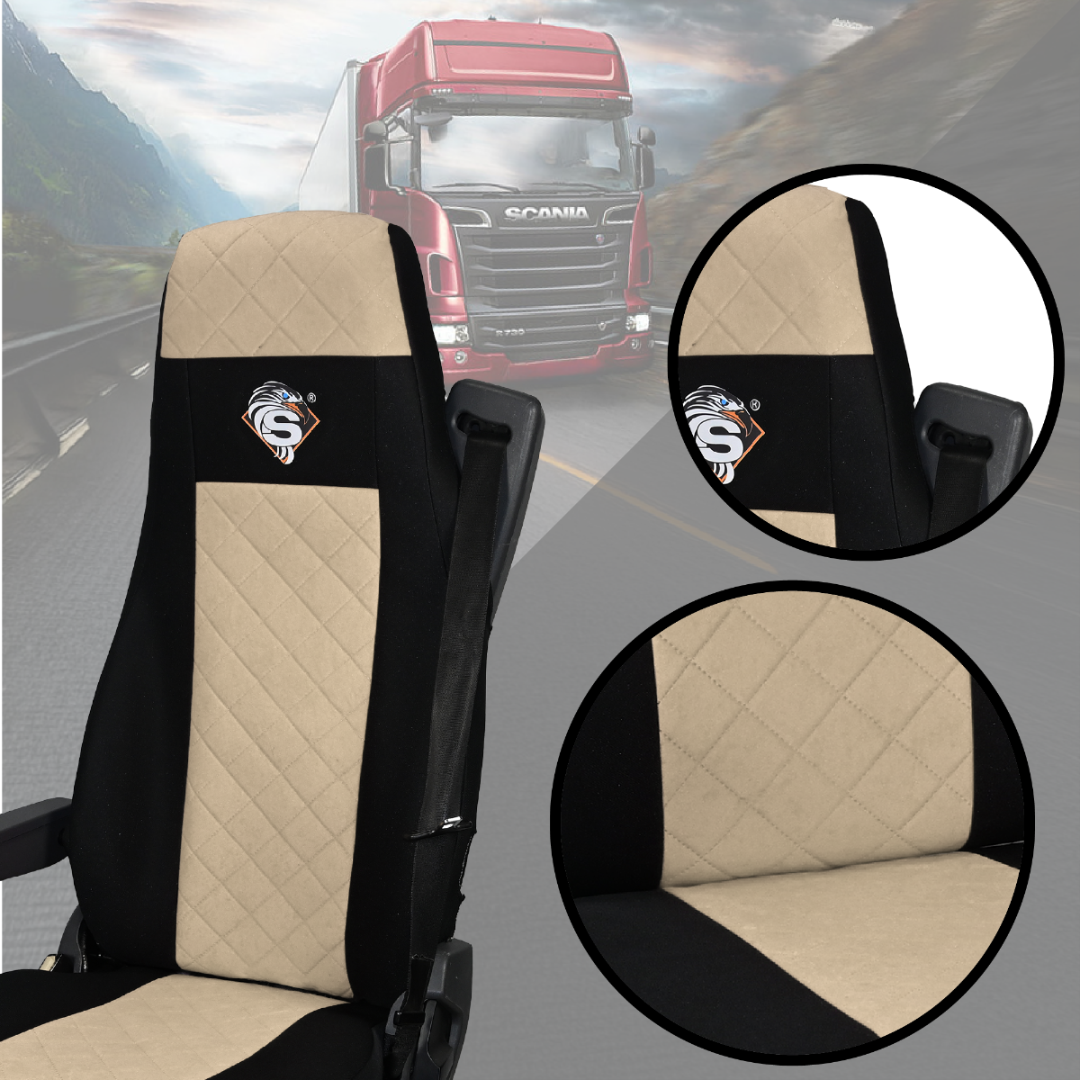 Pokrowce na fotele SCANIA seria R od 2004, 1+1, fotele różne 1 pas, fotel kierowcy BASIC - KONFIGURACJA A - BEŻ SABA