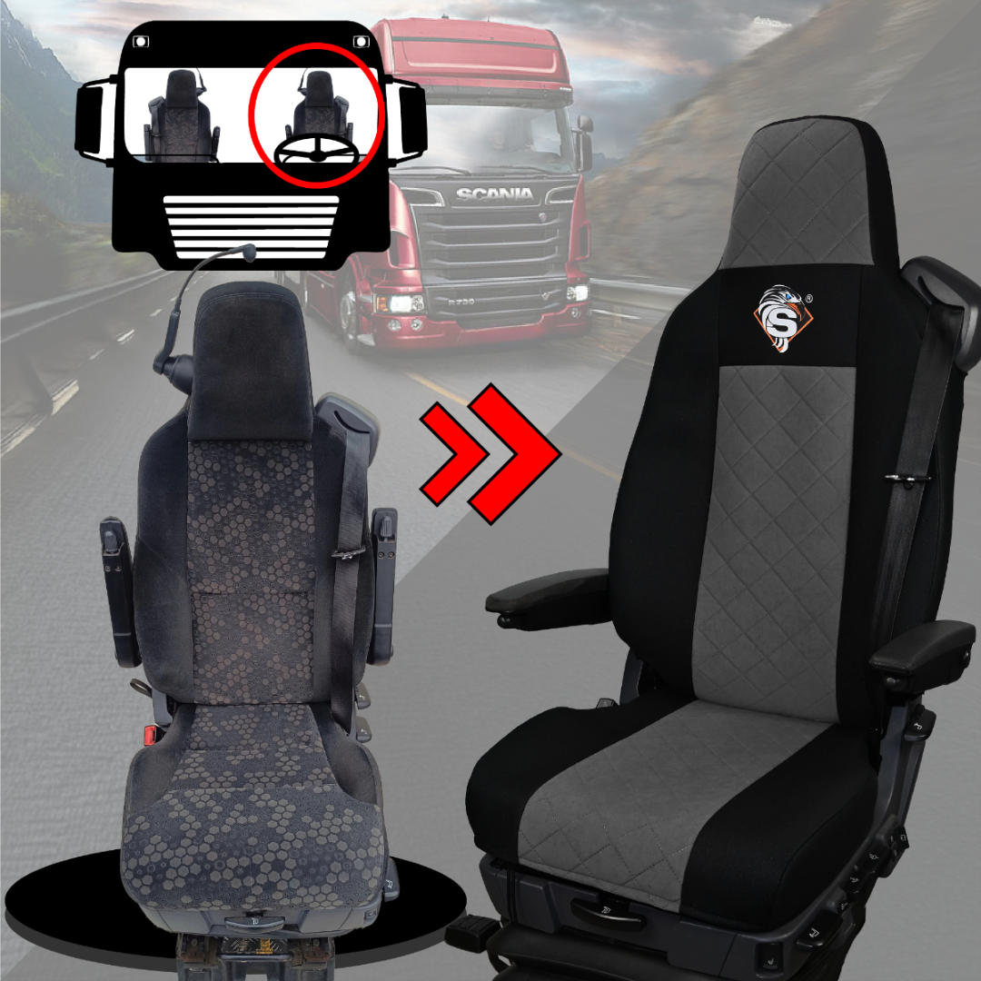 Pokrowce na fotele SCANIA seria R od 2013, seria S od 2017, fotele lotnicze 2 pasy, fotel kierowcy i pasażera PREMIUM - KONFIGURACJA D - SZARY SABA