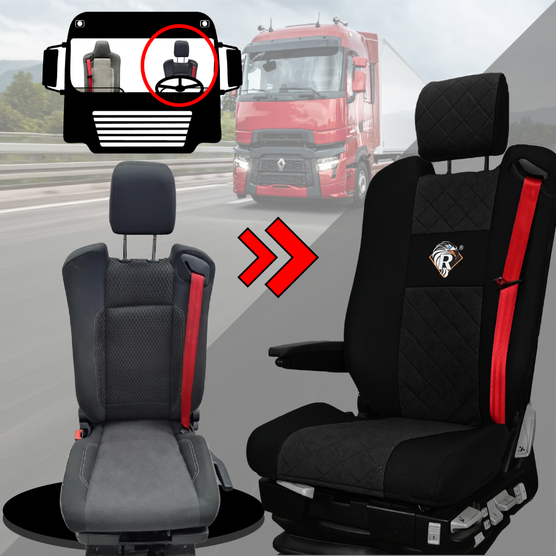 Pokrowce na fotele Renault Gama T od 2014 kierowca z zagłówkiem, pasażer lotniczy 2 pasy  CZARNY SABA