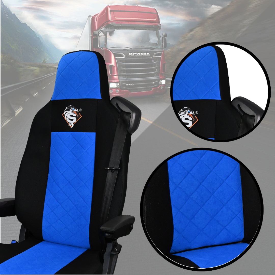 Pokrowce na fotele SCANIA seria R od 2013, seria S od 2017, fotele różne 2 pasy, fotel kierowcy PREMIUM, fotel pasażera BASIC - KONFIGURACJA E - NIEBIESKI SABA