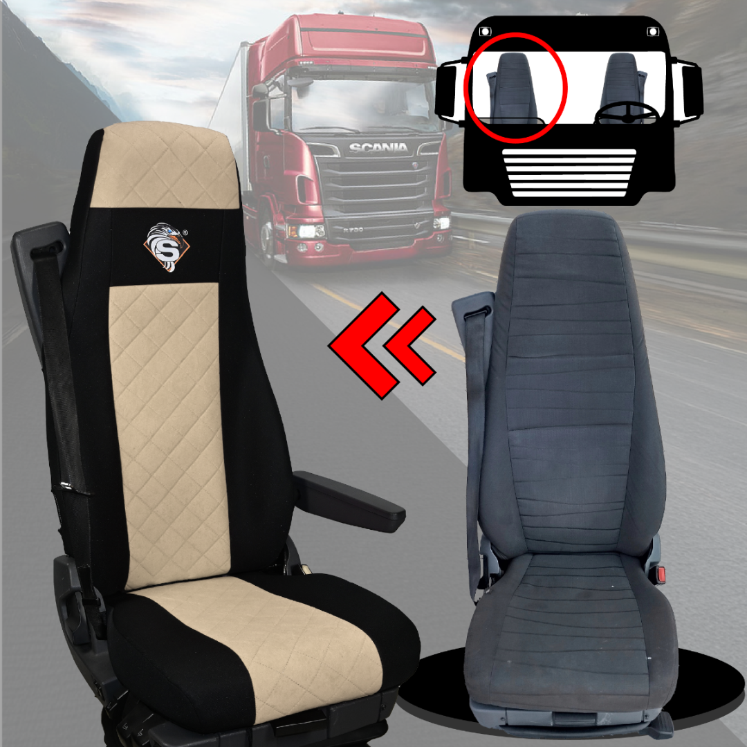 Pokrowce na fotele SCANIA seria R od 2004, 1+1, fotele lotnicze 2 pasy, fotel kierowcy i pasażera BASIC - KONFIGURACJA C - BEŻ SABA