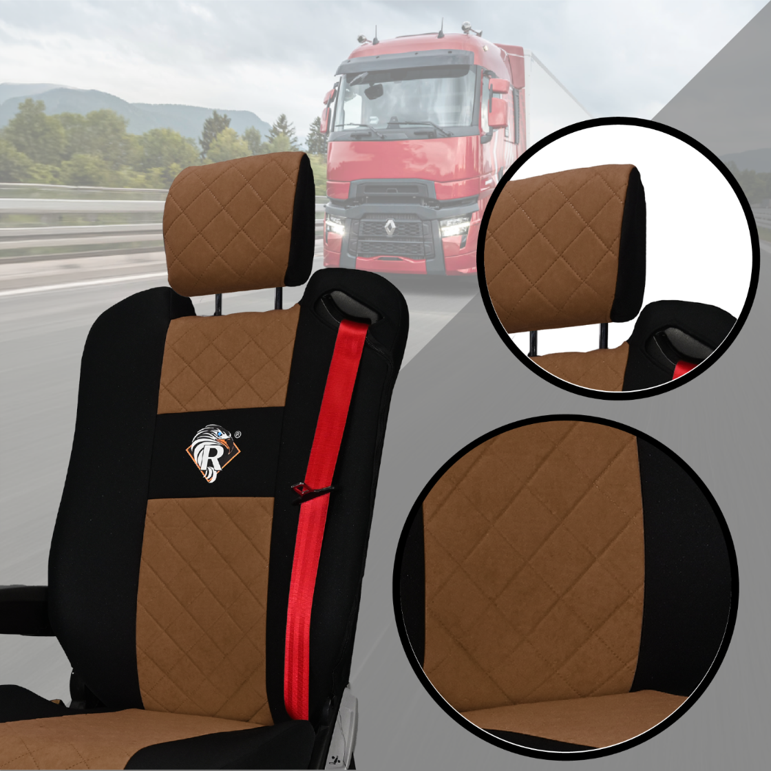 Pokrowce na fotele Renault Gama T od 2014 z zagłówkami regulowanymi 2 pasy BRĄZ SABA