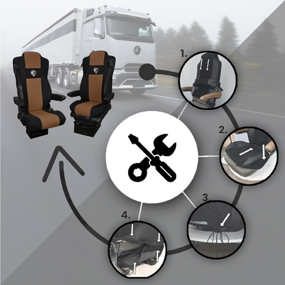 Pokrowce na fotele MERCEDES ACTROS L od 2022 2pasy, fotele lotnicze, fotel pasażera nieamortyzowany BRĄZ SABA