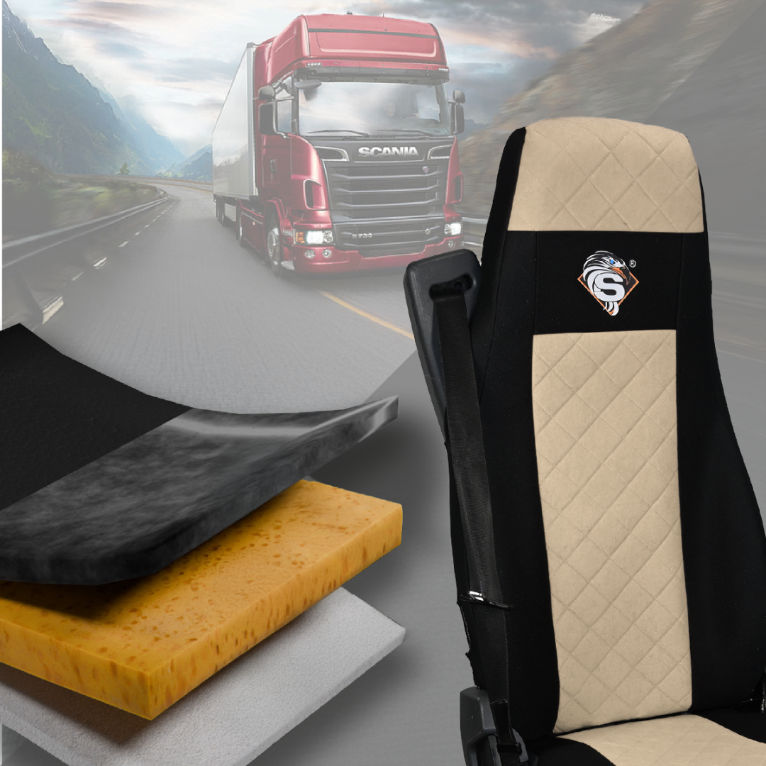Pokrowce na fotele SCANIA seria R od 2004, 1+1, fotele lotnicze 2 pasy, fotel kierowcy i pasażera BASIC - KONFIGURACJA C - BEŻ SABA