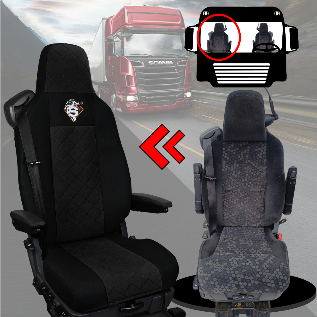 Pokrowce na fotele SCANIA seria R od 2013, seria S od 2017, fotele lotnicze 2 pasy, fotel kierowcy i pasażera PREMIUM - KONFIGURACJA D - CZARNY SABA