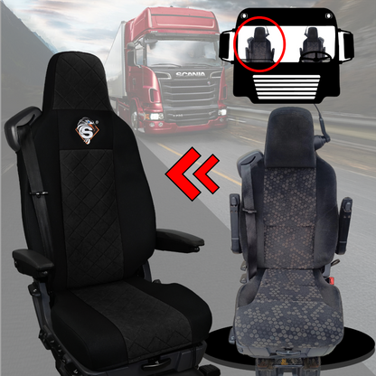 Pokrowce na fotele SCANIA seria R od 2013, seria S od 2017, fotele lotnicze 2 pasy, fotel kierowcy i pasażera PREMIUM - KONFIGURACJA D - CZARNY SABA