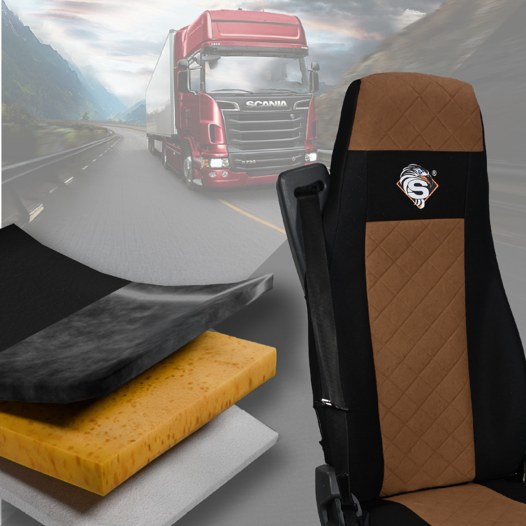 Pokrowce na fotele SCANIA seria R od 2004, 1+1, fotele lotnicze 2 pasy, fotel kierowcy i pasażera BASIC - KONFIGURACJA C - BRĄZ SABA