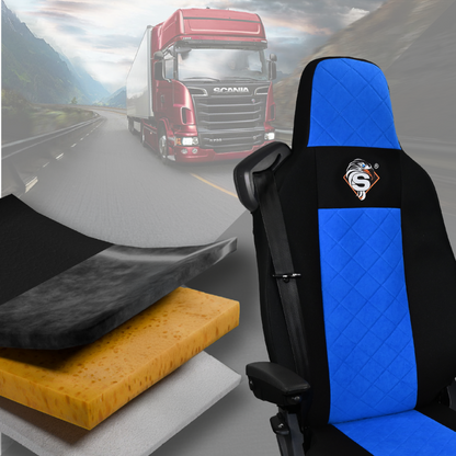 Pokrowce na fotele SCANIA seria R od 2013, seria S od 2017, fotele lotnicze 2 pasy, fotel kierowcy i pasażera PREMIUM - KONFIGURACJA D - NIEBIESKI SABA
