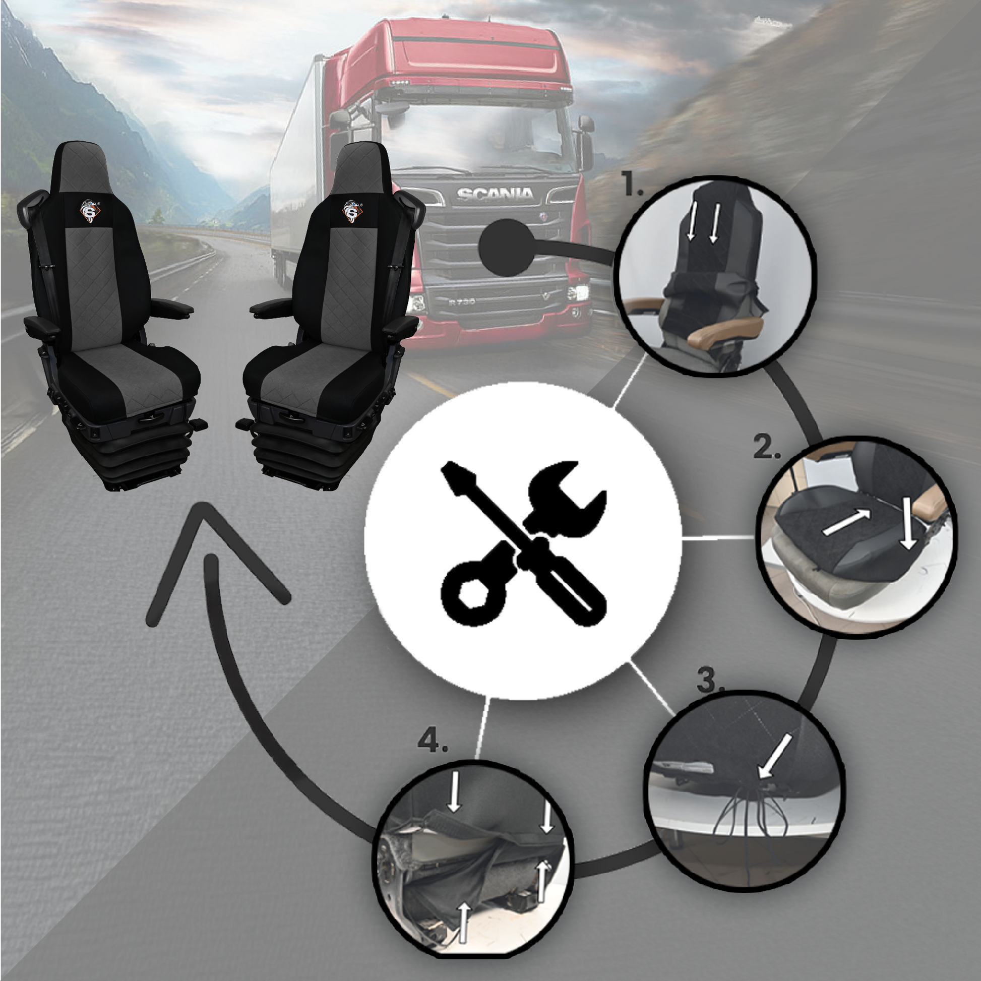 Pokrowce na fotele SCANIA seria R od 2013, seria S od 2017, fotele lotnicze 2 pasy, fotel kierowcy i pasażera PREMIUM - KONFIGURACJA D - SZARY SABA