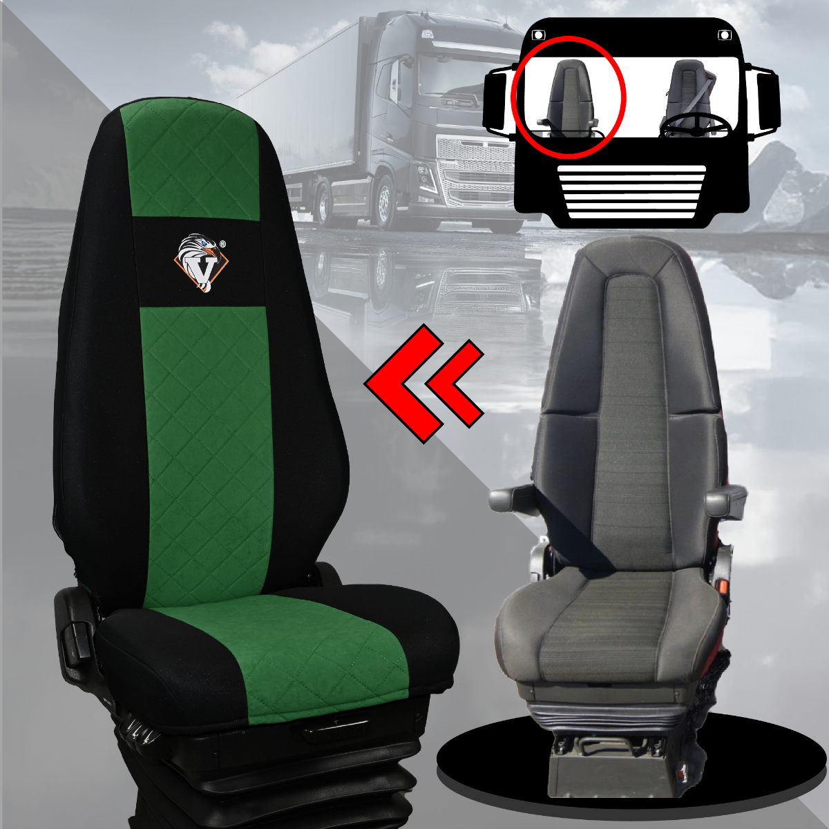 Pokrowce na fotele VOLVO FH4, FH, FH16, FMX, FM od 2013, FH5 od 2021, AERO od 2024 - 1 pas ZIELONY SABA