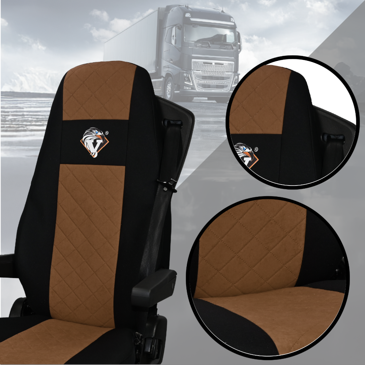 Pokrowce na fotele VOLVO FH4, FH, FH16, FMX, FM od 2013, FH5 od 2021, AERO od 2024 - 1 pas BRĄZ SABA