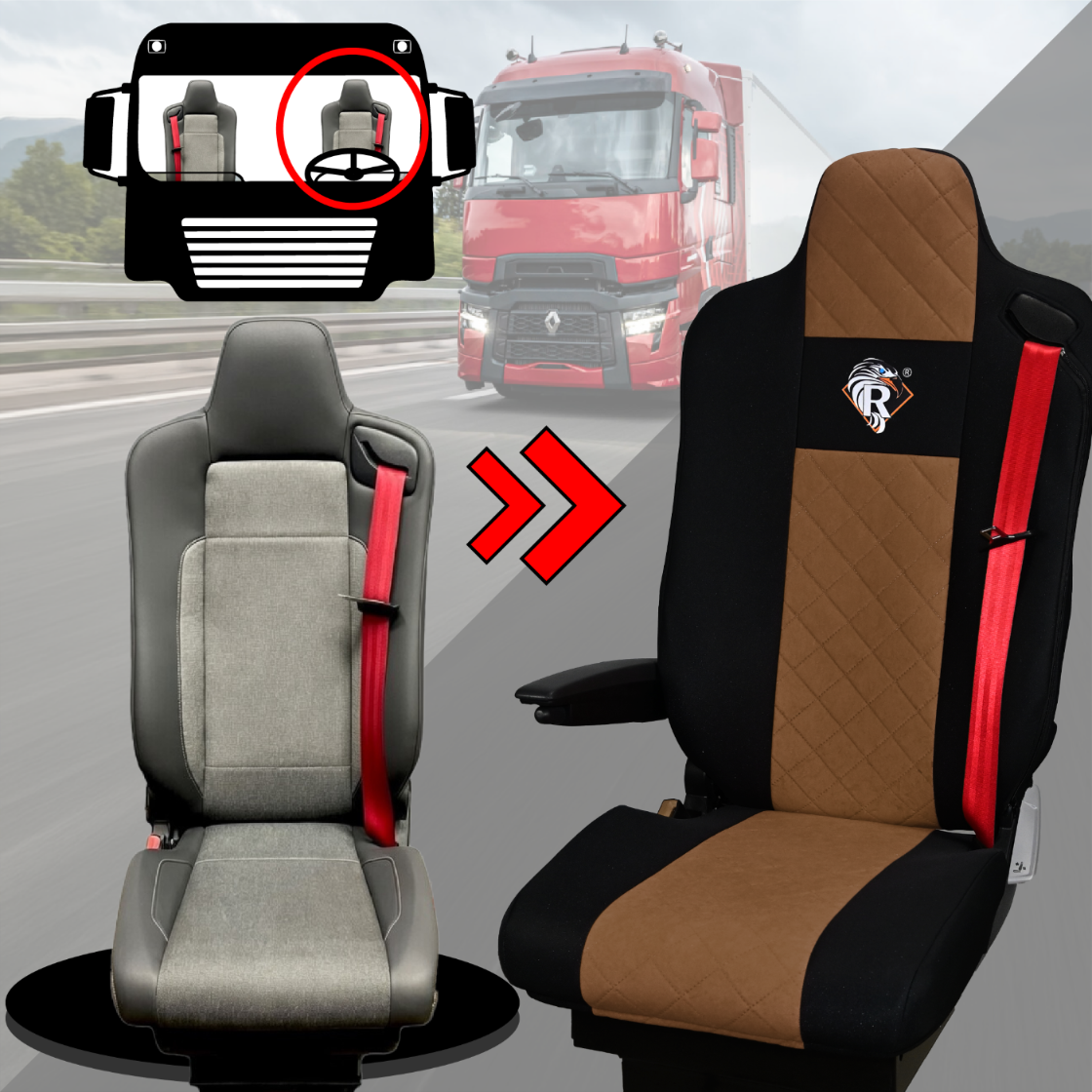 Pokrowce na fotele Renault Gama T od 2014 kierowca lotniczy, pasażer lotniczy 2 pasy BRĄZ SABA