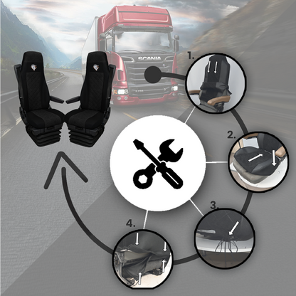 Pokrowce na fotele SCANIA seria R od 2004, 1+1, fotele lotnicze 2 pasy, fotel kierowcy i pasażera BASIC - KONFIGURACJA C - CZARNY SABA