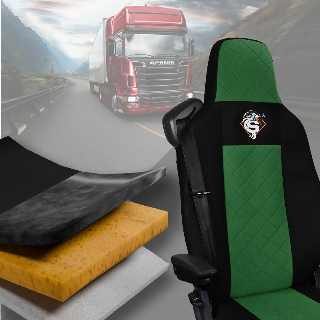 Pokrowce na fotele SCANIA seria R od 2013, seria S od 2017, fotele lotnicze 2 pasy, fotel kierowcy i pasażera PREMIUM - KONFIGURACJA D - ZIELONY SABA
