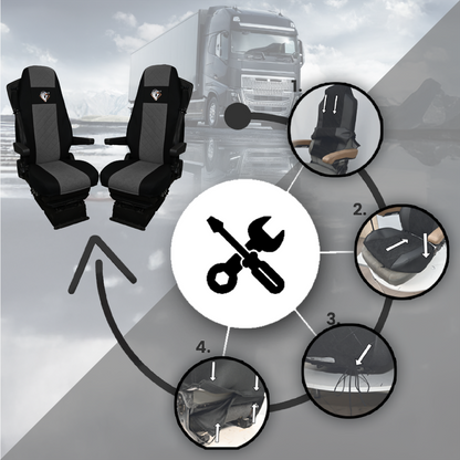 Pokrowce na fotele VOLVO FH4, FH, FH16, FMX, FM od 2013, FH5 od 2021, AERO od 2024 - 2 pasy SZARE SABA