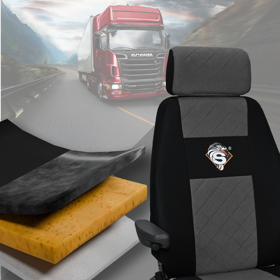 Pokrowce na fotele SCANIA seria R od 2013, seria S od 2017, fotele różne 1pas, fotel kierowcy PREMIUM - KONFIGURACJA B - SZARY SABA