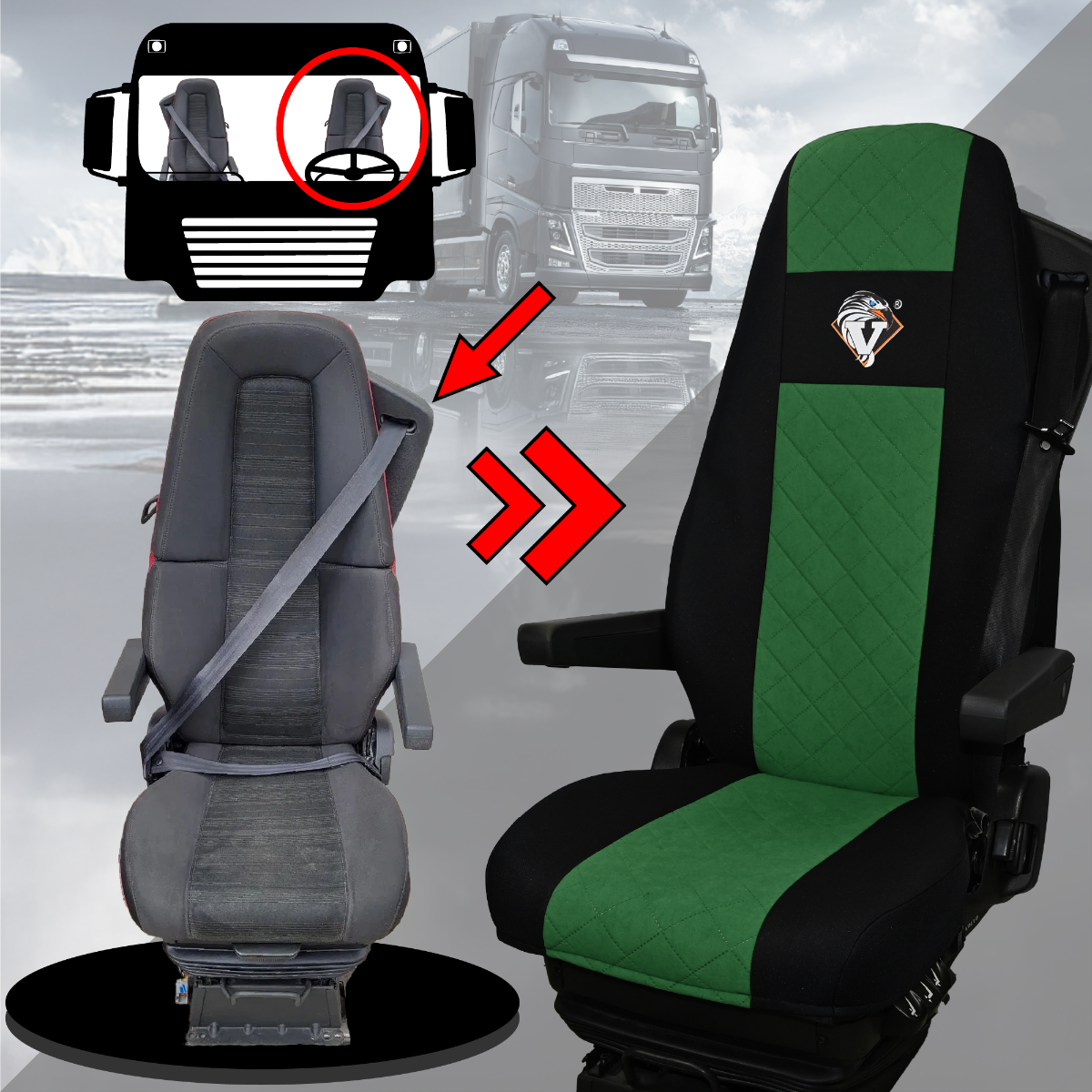 Pokrowce na fotele VOLVO FH 4, FH5 od 2021, AERO od 2024 UNIVERSAL ZIELONY SABA