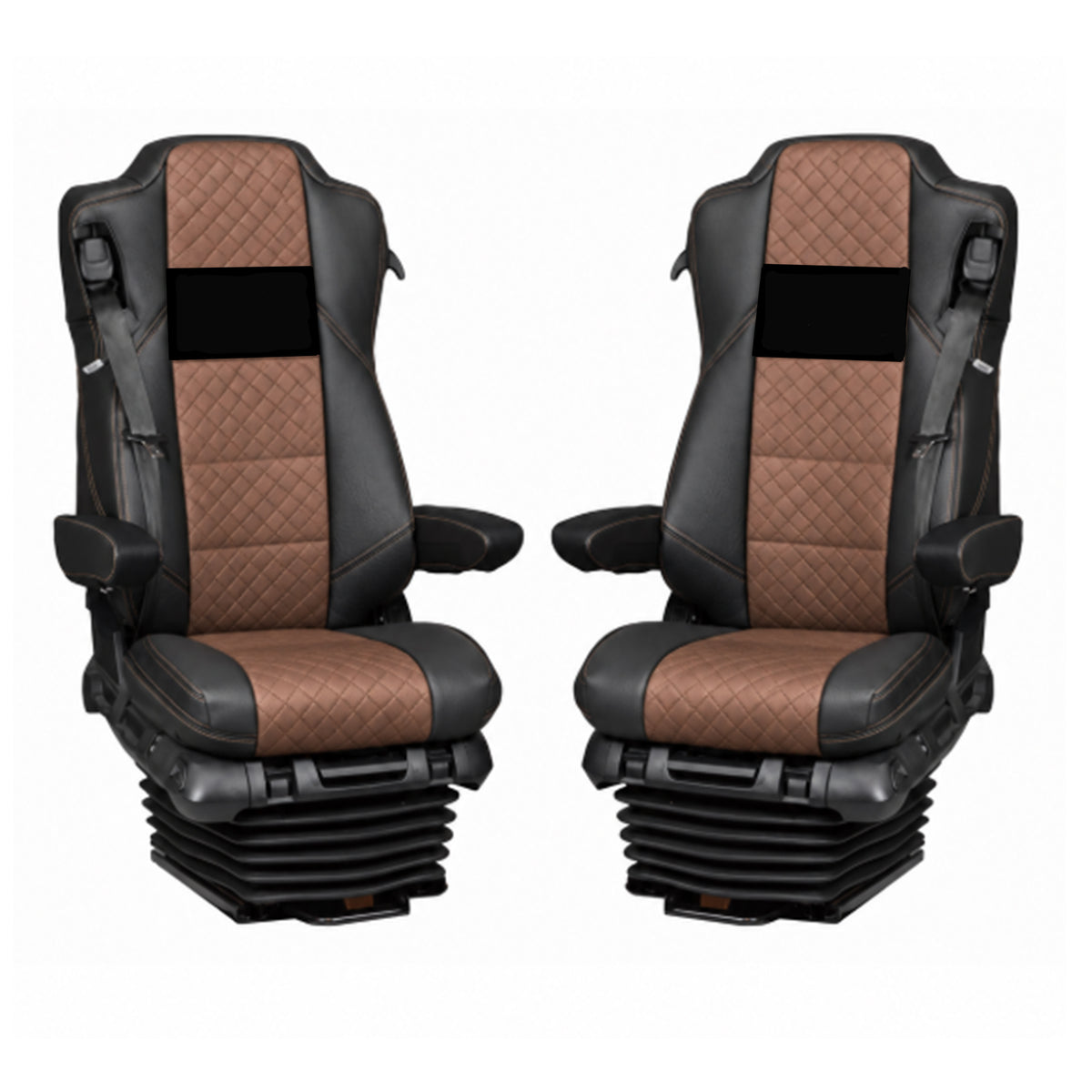 Pokrowce na fotele Mercedes Actros MP4 od 2011, MP5 od 2019 fotel pasażera amortyzowany CZARNO BRĄZOWY ECO SKÓRA  OUTLET SABA