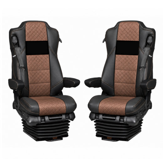 Pokrowce na fotele Mercedes Actros MP4 od 2011, MP5 od 2019 fotel pasażera amortyzowany CZARNO BRĄZOWY ECO SKÓRA  OUTLET SABA