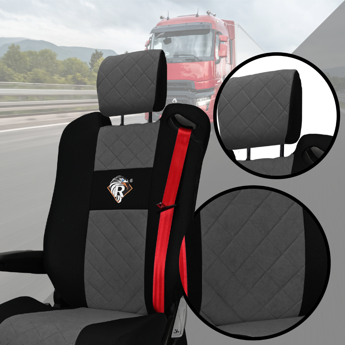 Pokrowce na fotele Renault Gama T od 2014 z zagłówkami regulowanymi 2 pasy SZARE SABA