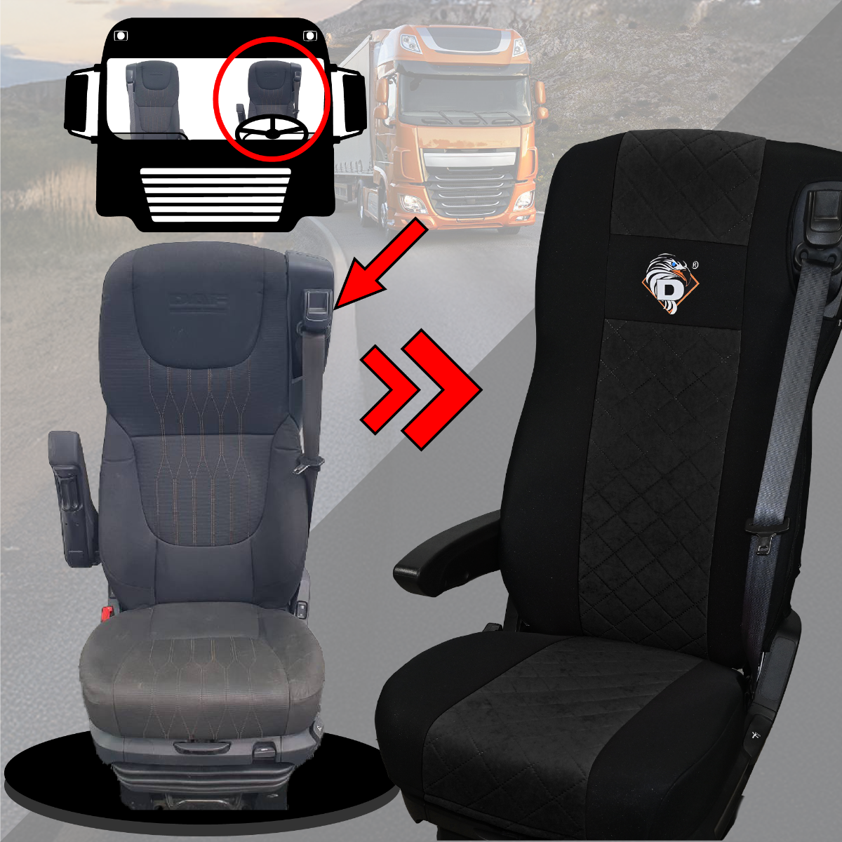 Pokrowce na fotele DAF 105 XF od 2012, 106 XF od 2013, XG, XG+ od 2022 2 pasy CZARNY SABA