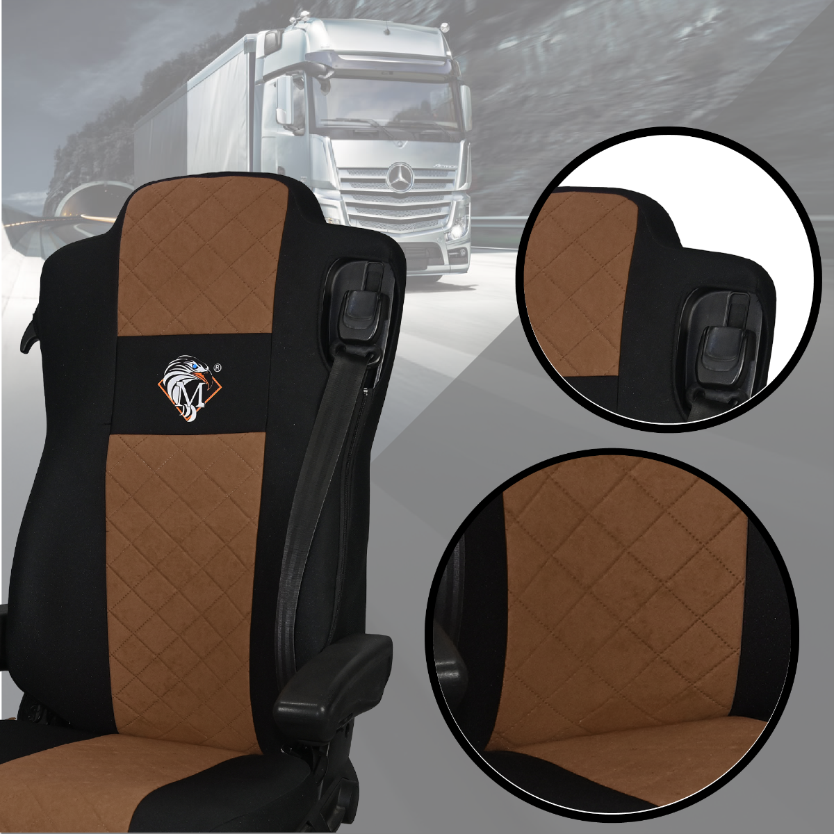 Pokrowce na fotele MERCEDES ACTROS MP4, AROX od 2011, MP5 od 2019 pasażer amortyzowany BRĄZ SABA