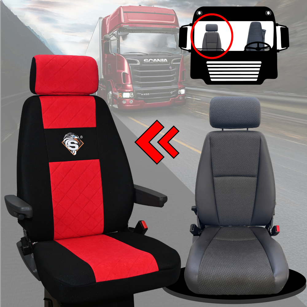 Pokrowce na fotele SCANIA seria R od 2004, 1+1, fotele różne 1 pas, fotel kierowcy BASIC - KONFIGURACJA A - CZERWONY SABA