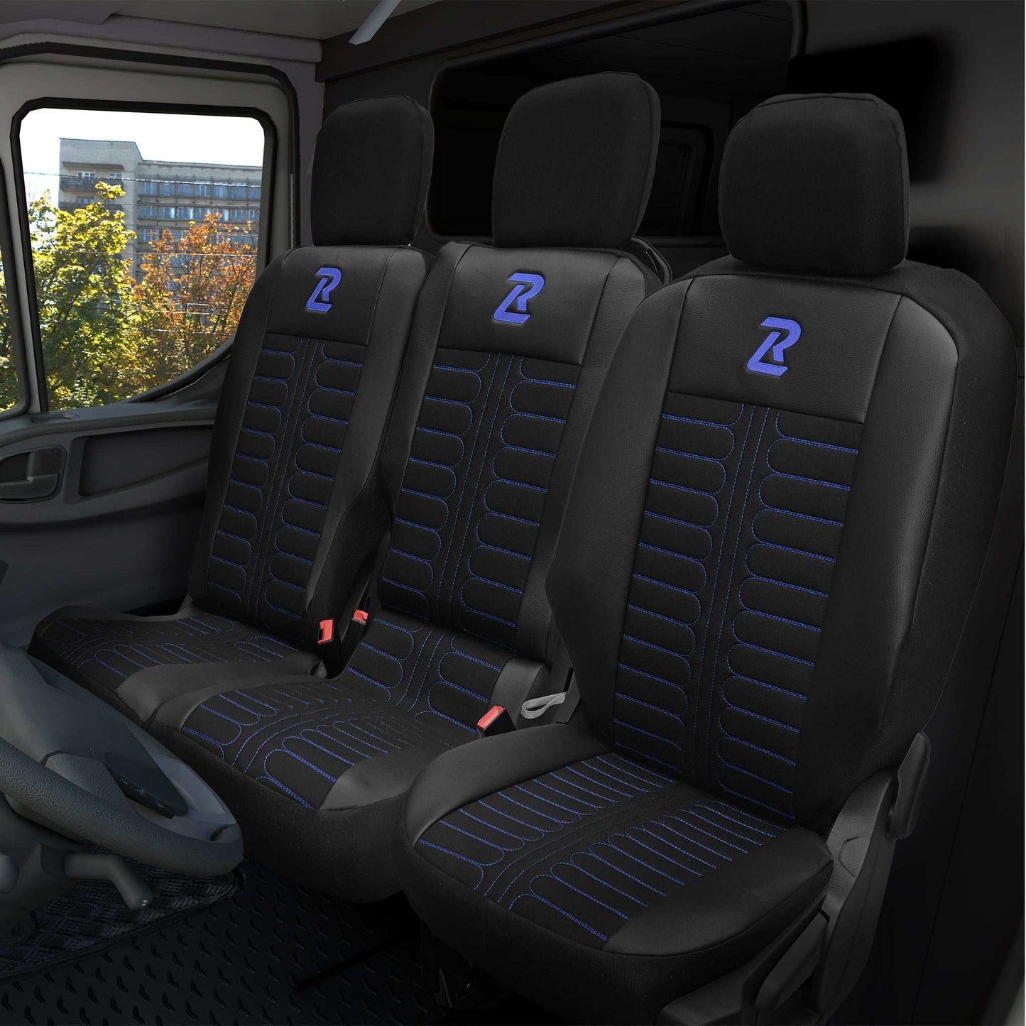 Pokrowce na fotele samochodowe TORNADO Citroen Berlingo 3, Fiat Doblo 3, Peugeot Partner 3, Opel Combo E, Toyota Proace City 1+2 Czarno - Niebieski 