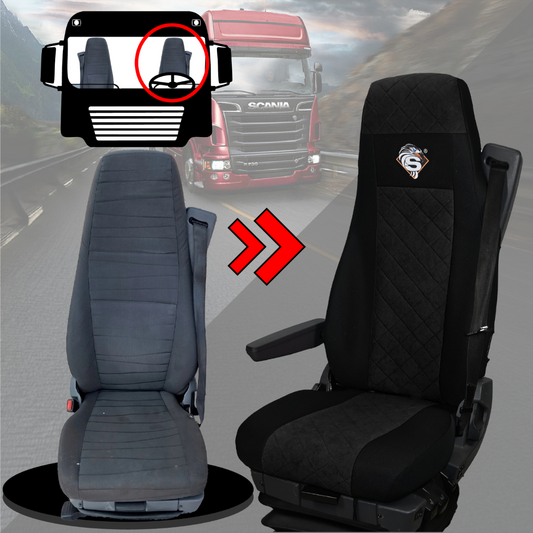 Pokrowce na fotele SCANIA seria R od 2004, 1+1, fotele lotnicze 2 pasy, fotel kierowcy i pasażera BASIC - KONFIGURACJA C - CZARNY SABA