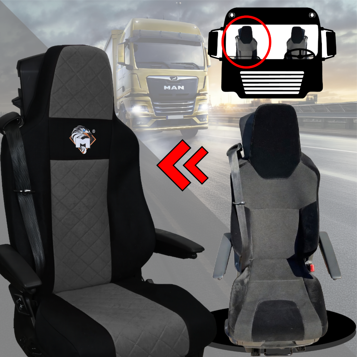 Pokrowce na fotele MAN TGX, TGM, TGL, TGS od 2020 2 pasy SZARY SABA