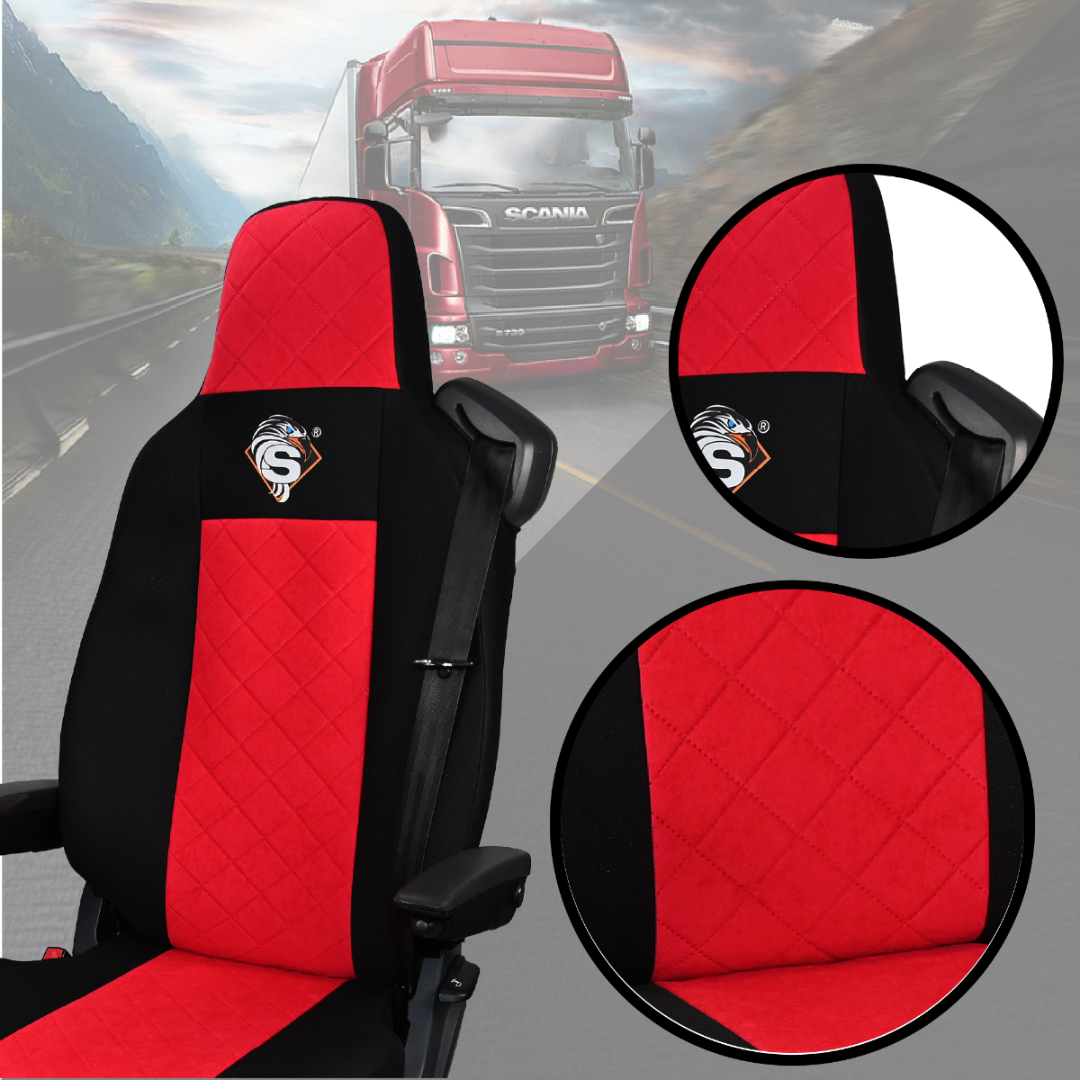 Pokrowce na fotele SCANIA seria R od 2013, seria S od 2017, fotele różne 1pas, fotel kierowcy PREMIUM - KONFIGURACJA B - CZERWONY SABA