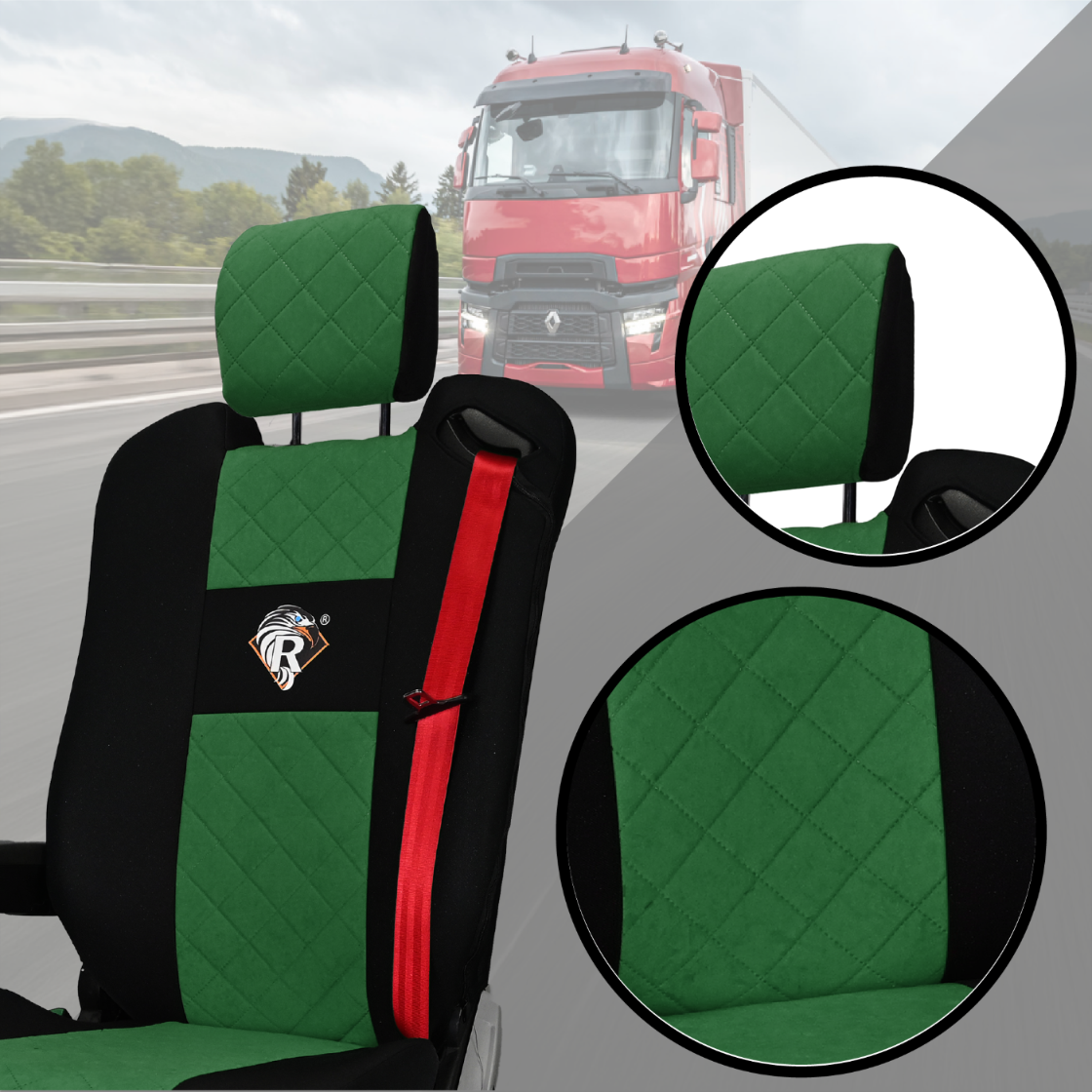 Pokrowce na fotele Renault Gama T od 2014 kierowca z zagłówkiem, pasażer lotniczy 2 pasy  ZIELONY SABA