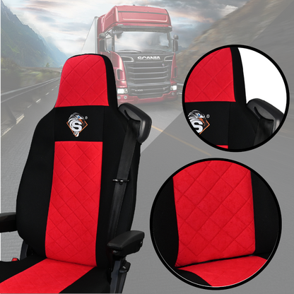 Pokrowce na fotele SCANIA seria R od 2013, seria S od 2017, fotele różne 2 pasy, fotel kierowcy PREMIUM, fotel pasażera BASIC - KONFIGURACJA E - CZERWONY SABA