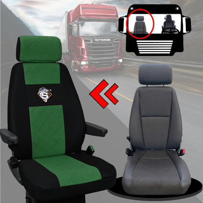 Pokrowce na fotele SCANIA seria R od 2013, seria S od 2017, fotele różne 1pas, fotel kierowcy PREMIUM - KONFIGURACJA B - ZIELONY SABA