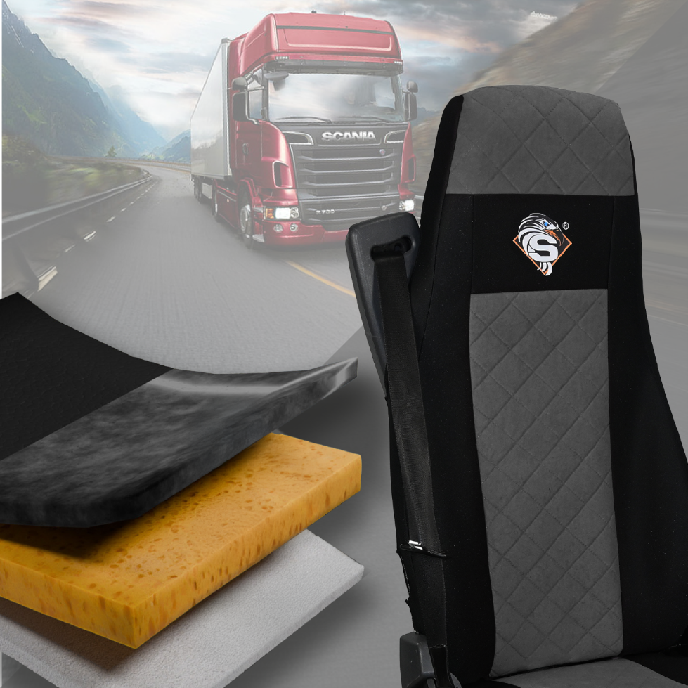 Pokrowce na fotele SCANIA seria R od 2013, seria S od 2017, fotele różne 2 pasy, fotel kierowcy PREMIUM, fotel pasażera BASIC - KONFIGURACJA E - SZARY SABA