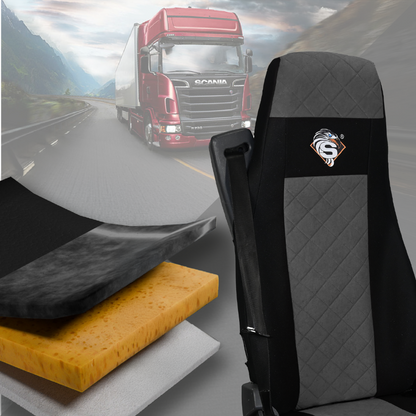 Pokrowce na fotele SCANIA seria R od 2013, seria S od 2017, fotele różne 2 pasy, fotel kierowcy PREMIUM, fotel pasażera BASIC - KONFIGURACJA E - SZARY SABA