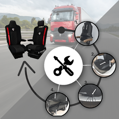 Pokrowce na fotele Renault Gama T od 2014 kierowca z zagłówkiem, pasażer lotniczy 2 pasy  CZARNY SABA