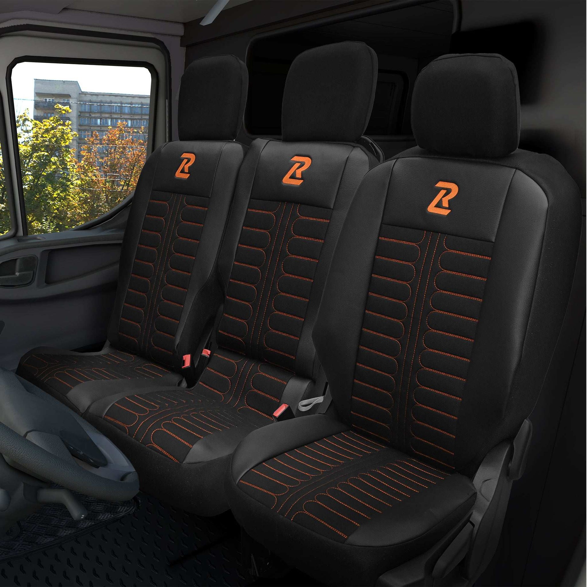 Pokrowce na fotele samochodowe TORNADO Citroen Berlingo 3, Fiat Doblo 3, Peugeot Partner 3, Opel Combo E, Toyota Proace City 1+2 Czarno - Pomarańczowy 